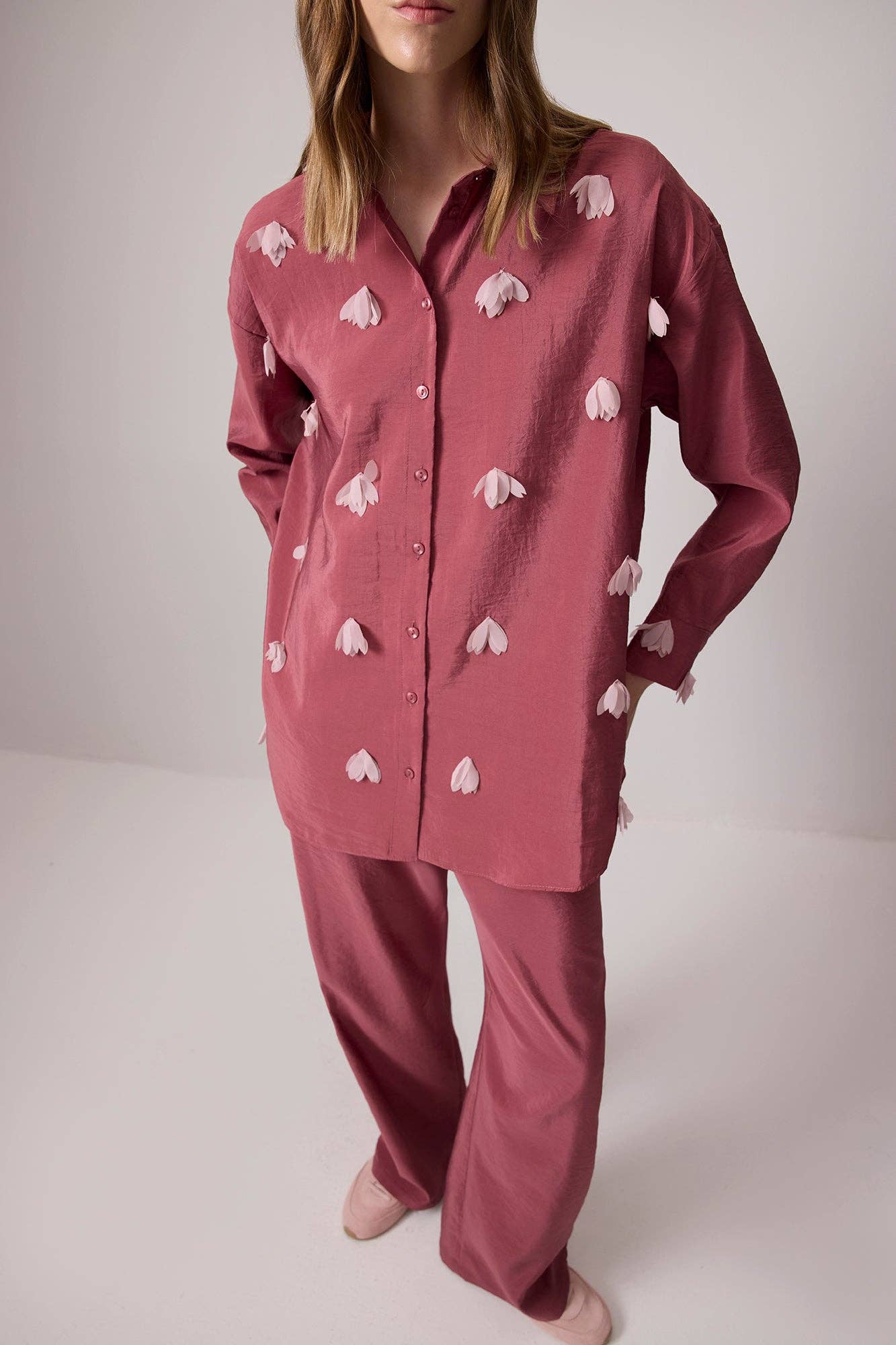 Embroidered Mesh Flower Shirt: Pink