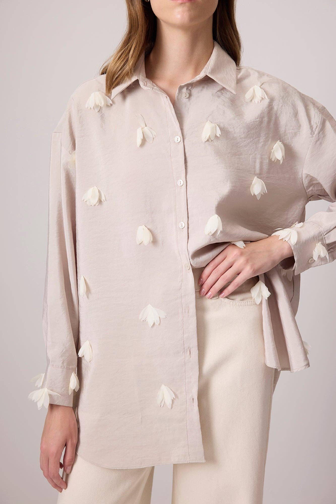 Embroidered Mesh Flower Shirt: Stone