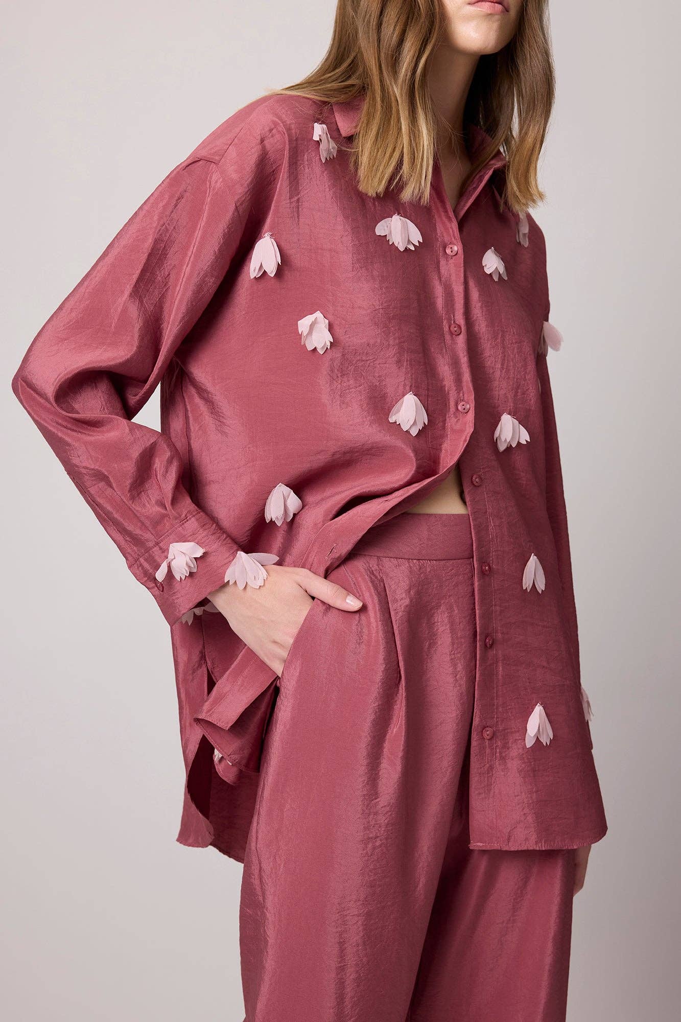 Embroidered Mesh Flower Shirt: Pink