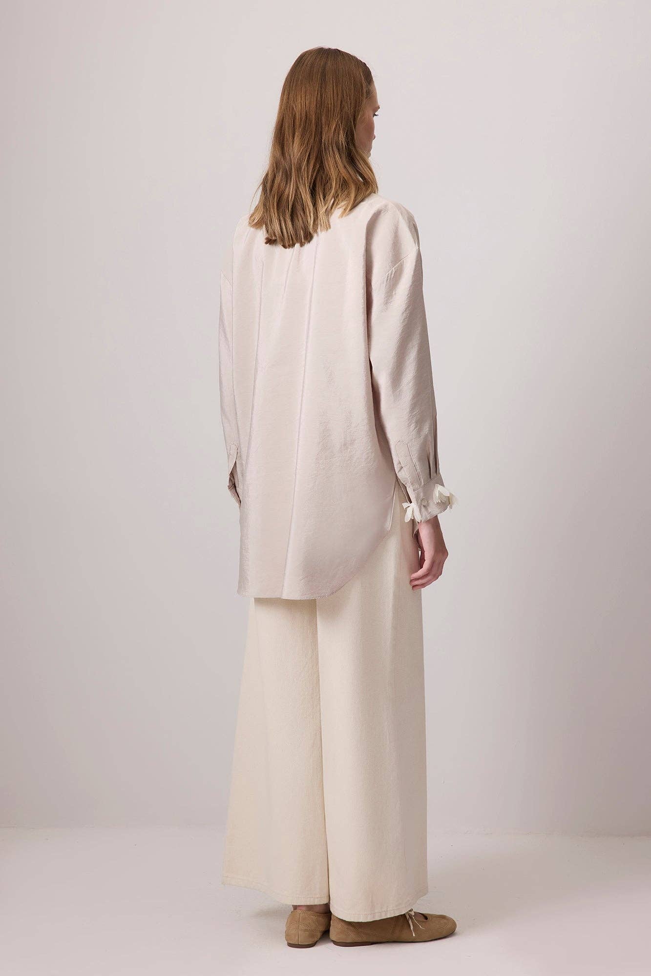 Embroidered Mesh Flower Shirt: Stone