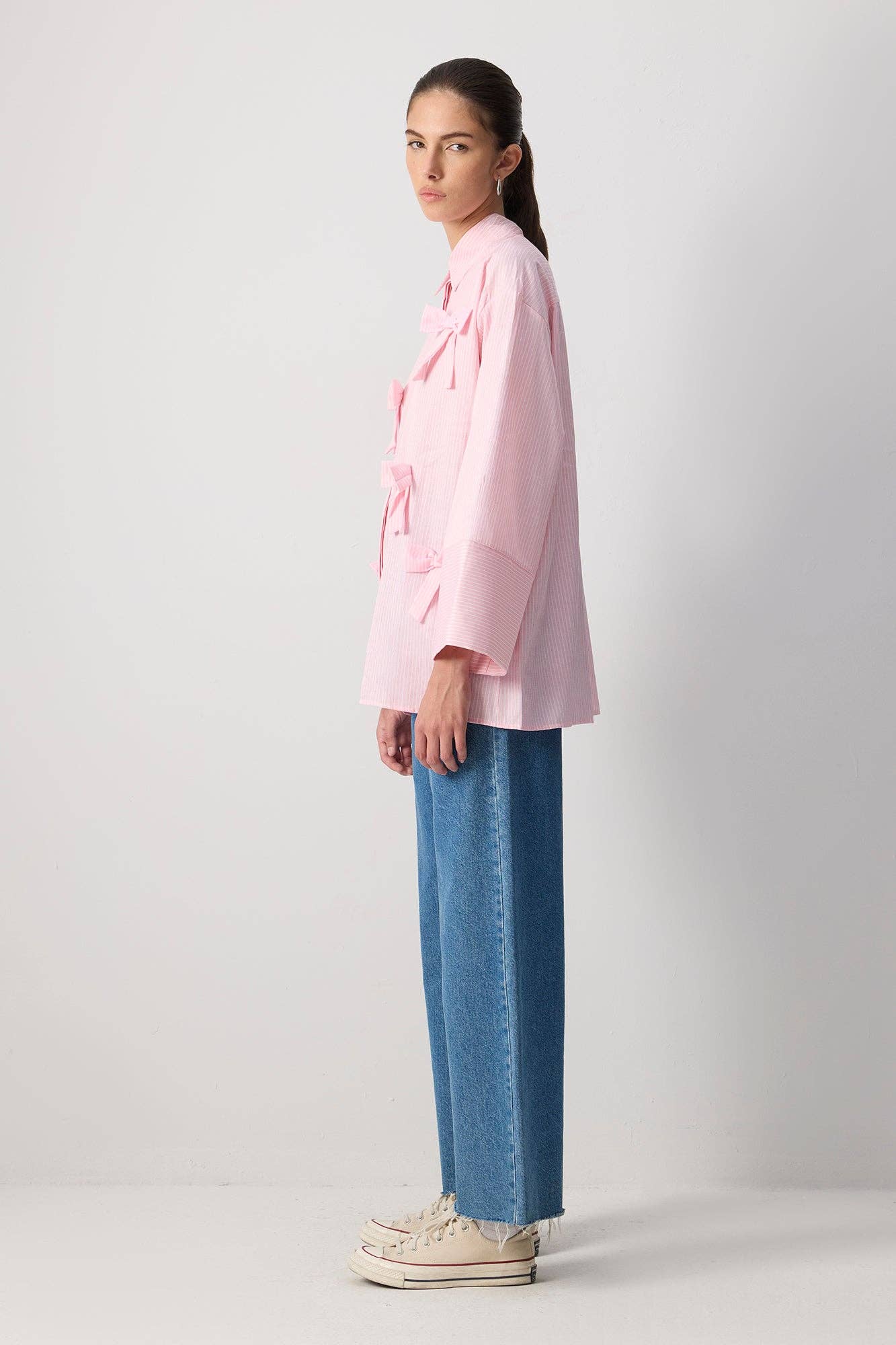 PINK STRIPED COTTON SHIRT WITH BOW APPLIQUES