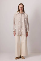Embroidered Mesh Flower Shirt: Stone