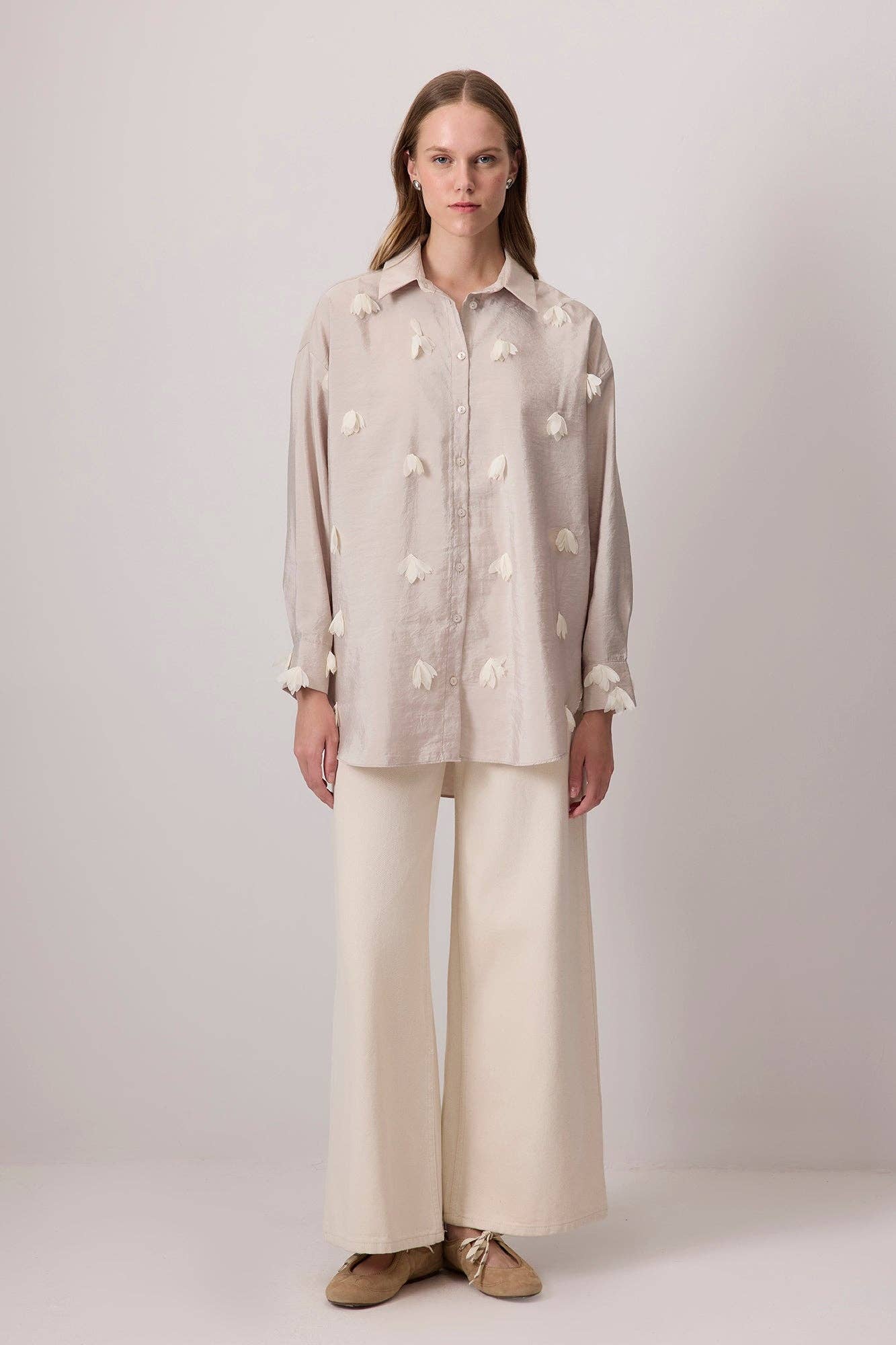 Embroidered Mesh Flower Shirt: Stone