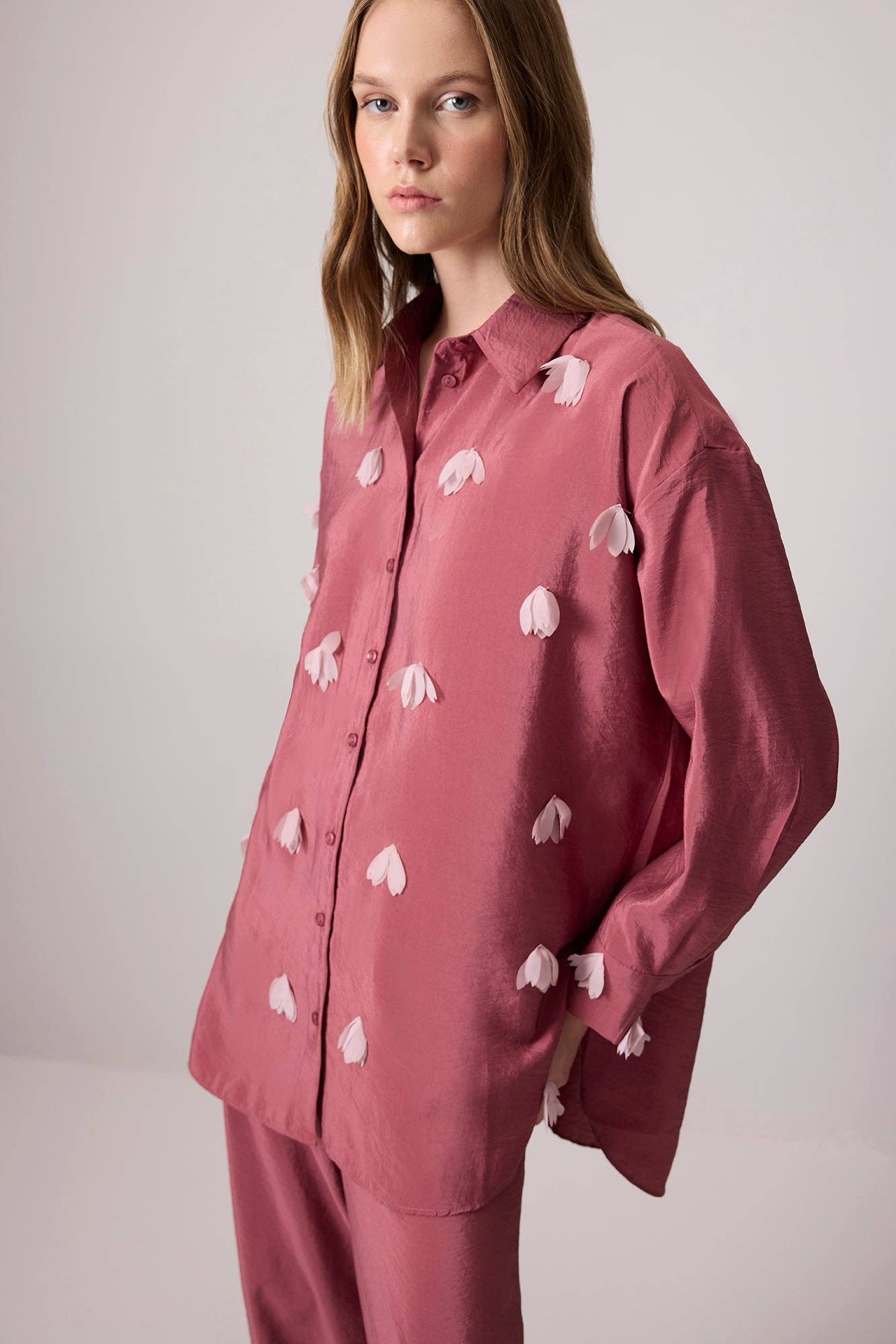 Embroidered Mesh Flower Shirt: Pink
