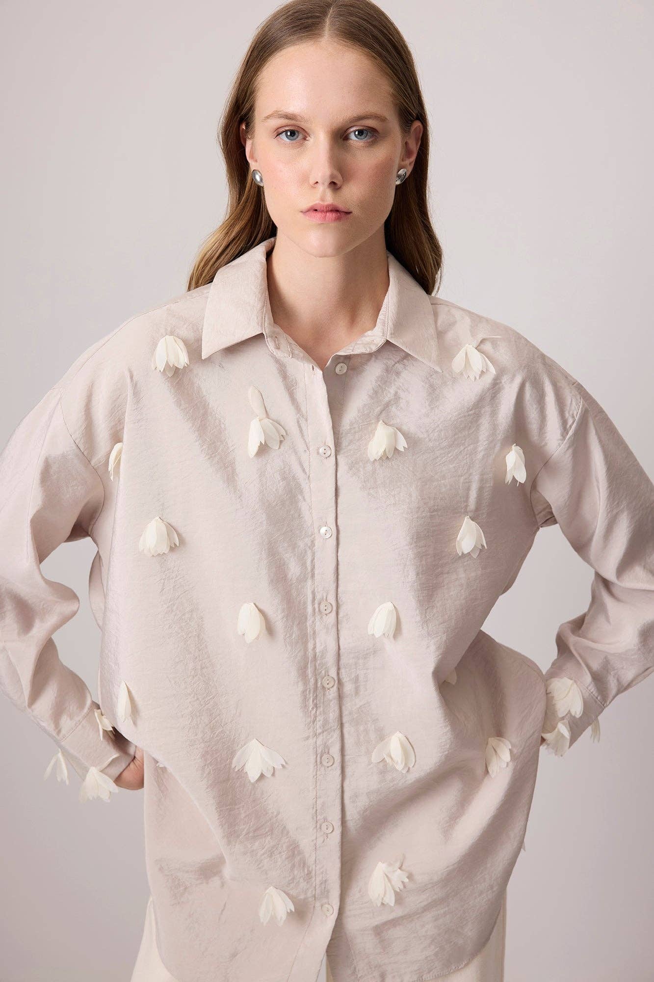 Embroidered Mesh Flower Shirt: Stone