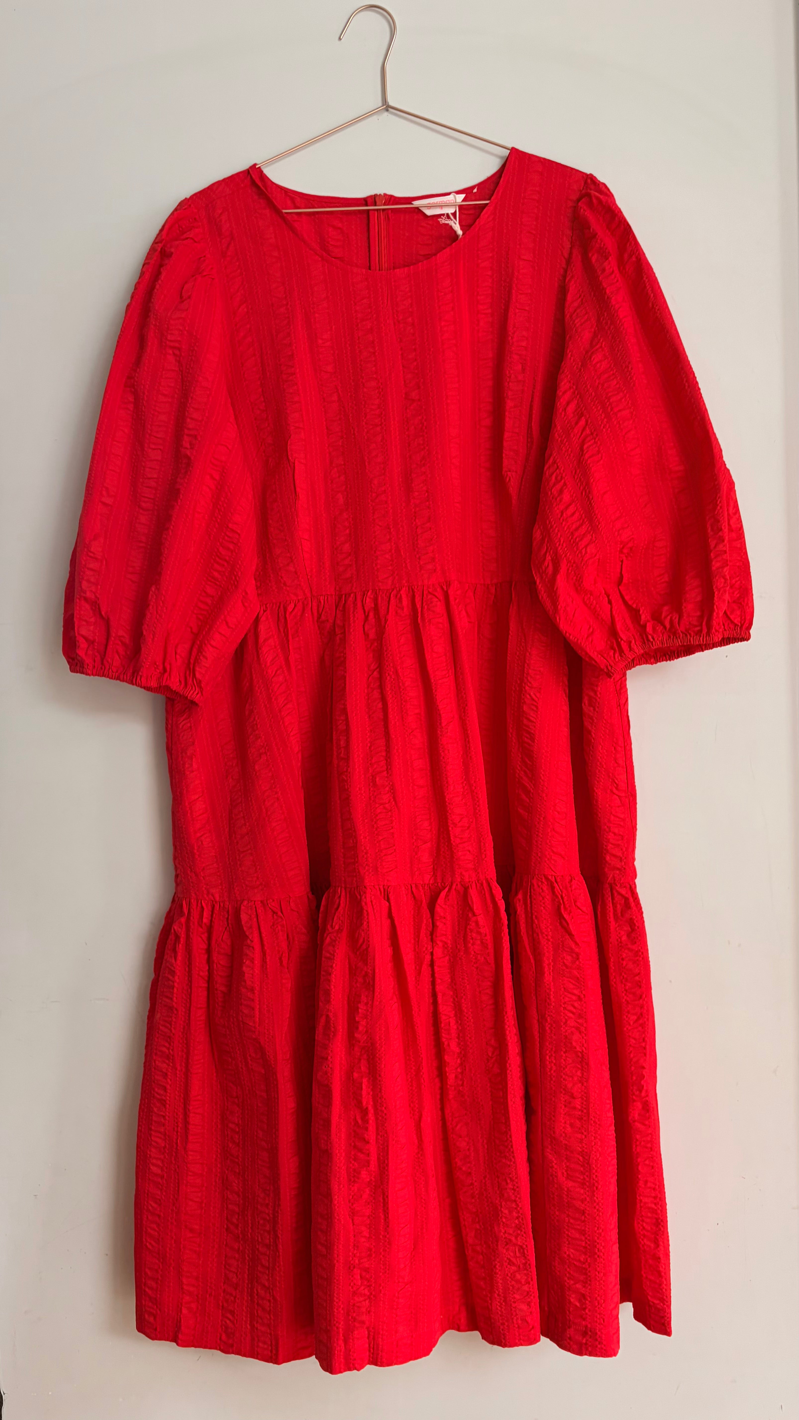 Gorman Red Textured Cotton Midi Puff Sleeve Tiered Dress-18