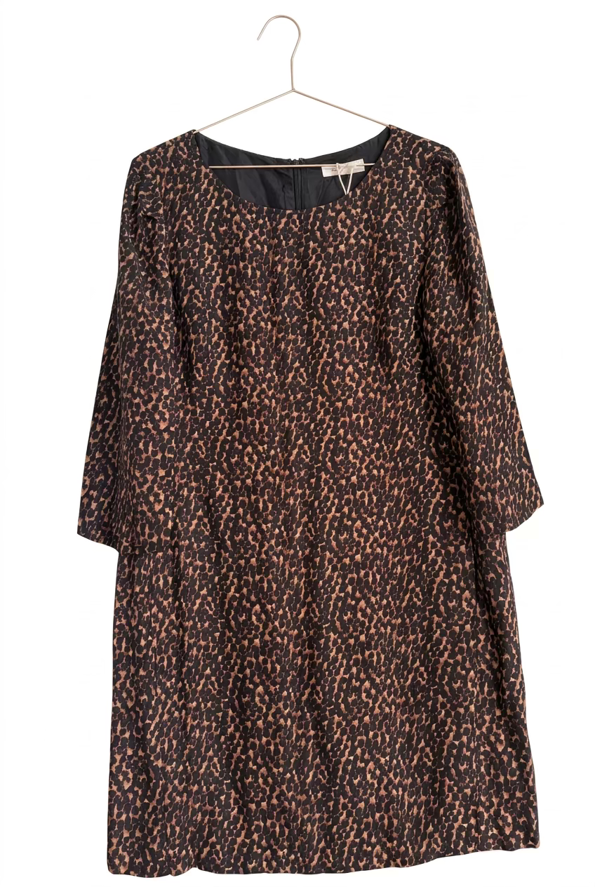 Country Road Dress Brown Silk Leopard Print 3/4 Sleeve Shift Midi - 14