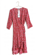 Bohemian Traders Dress Red Floral Wrap Midi 3/4 Sleeve Ruffle Hem - M