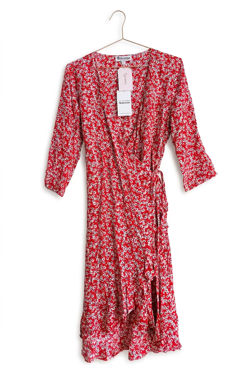 Bohemian Traders Dress Red Floral Wrap Midi 3/4 Sleeve Ruffle Hem - M