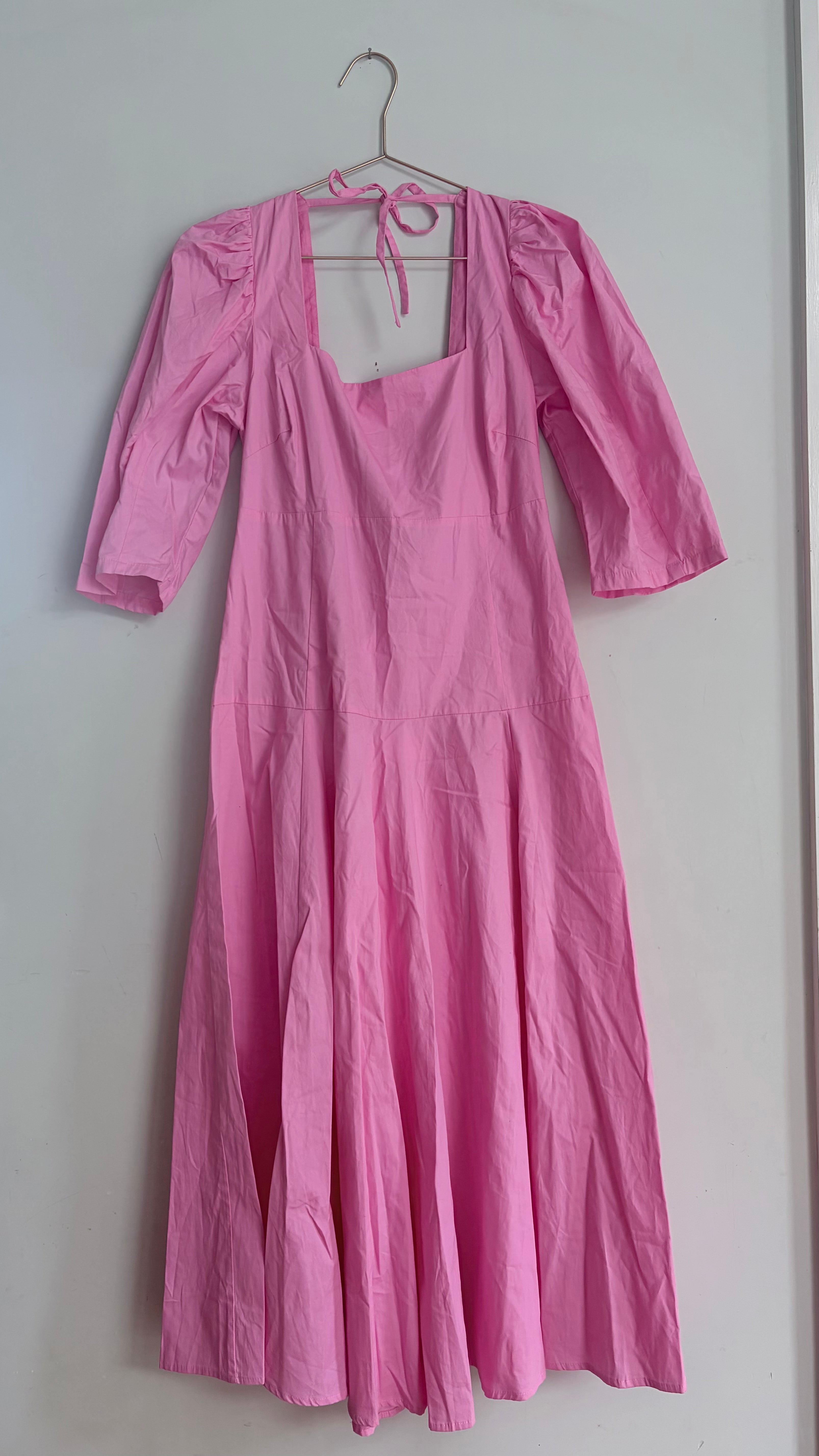 AERE Dress Pink Organic Cotton Maxi Square Neck Puff Sleeve Tie Back - 10