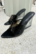 LANA WILKINSON SARA WEDGE | LUCITE & BLACK LEATHER 39