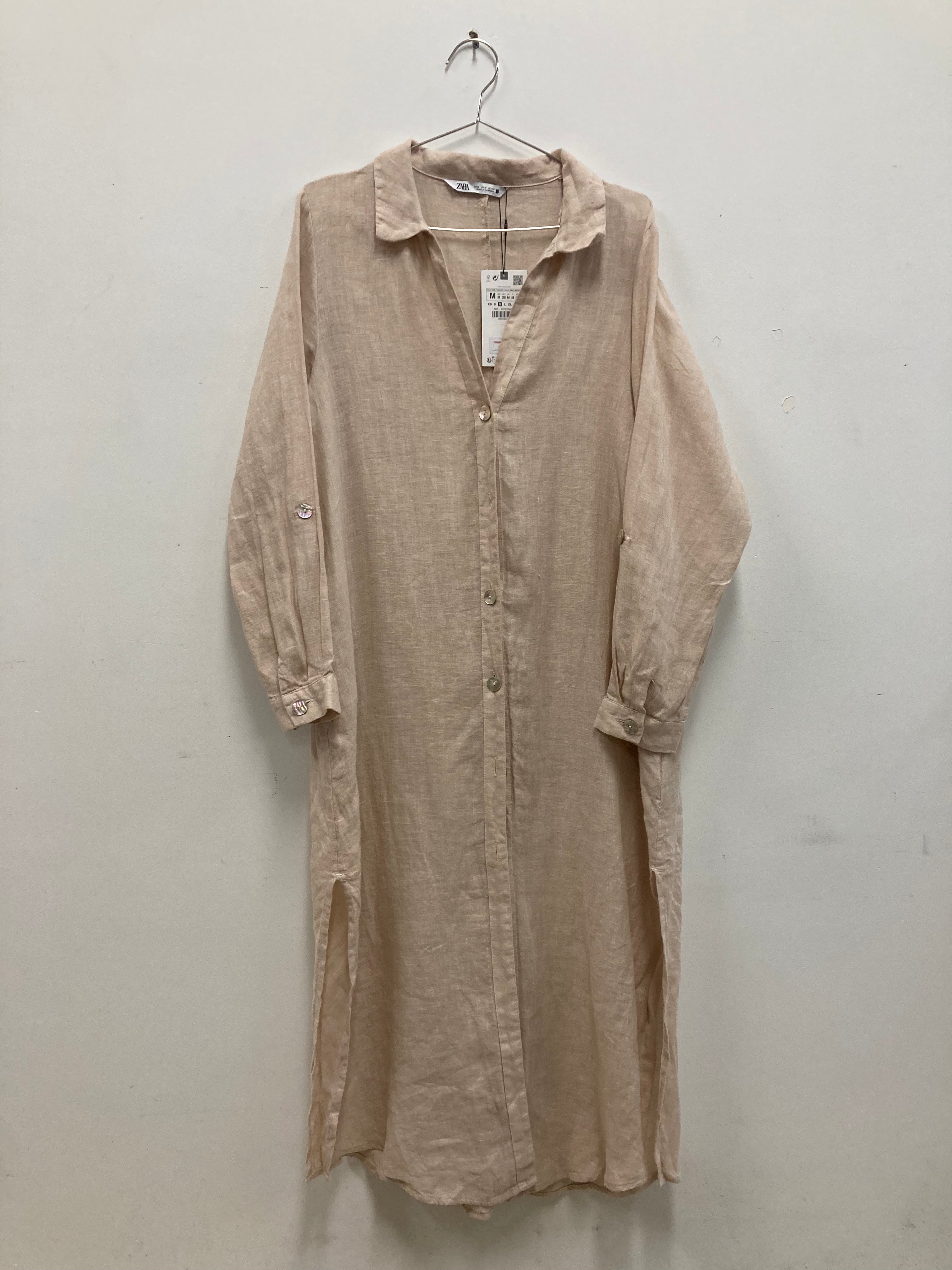 Zara Beige Linen Midi Shirt Dress - M