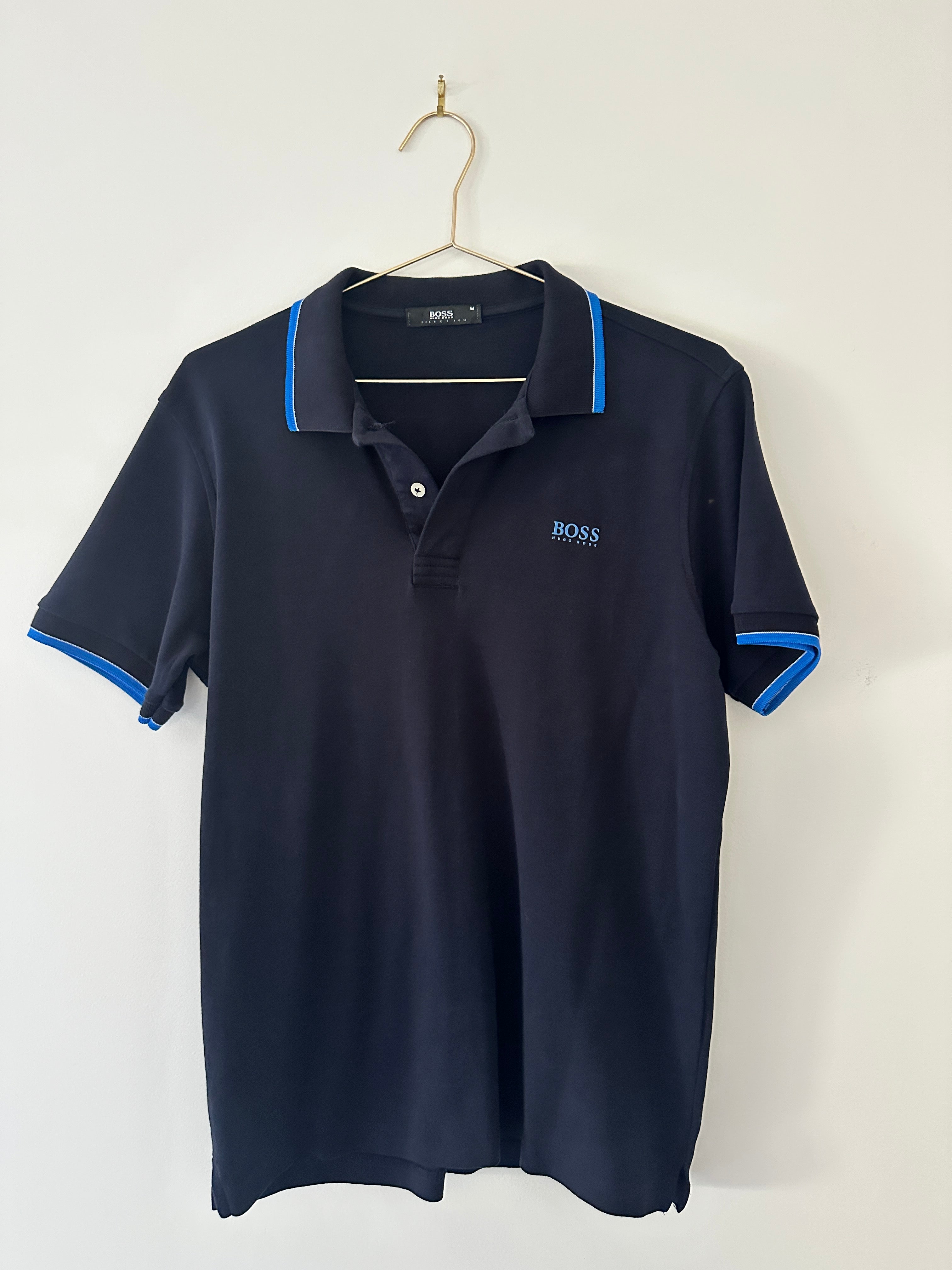Hugo Boss Mens Slim Fit Polo Black with Blue Trim - L