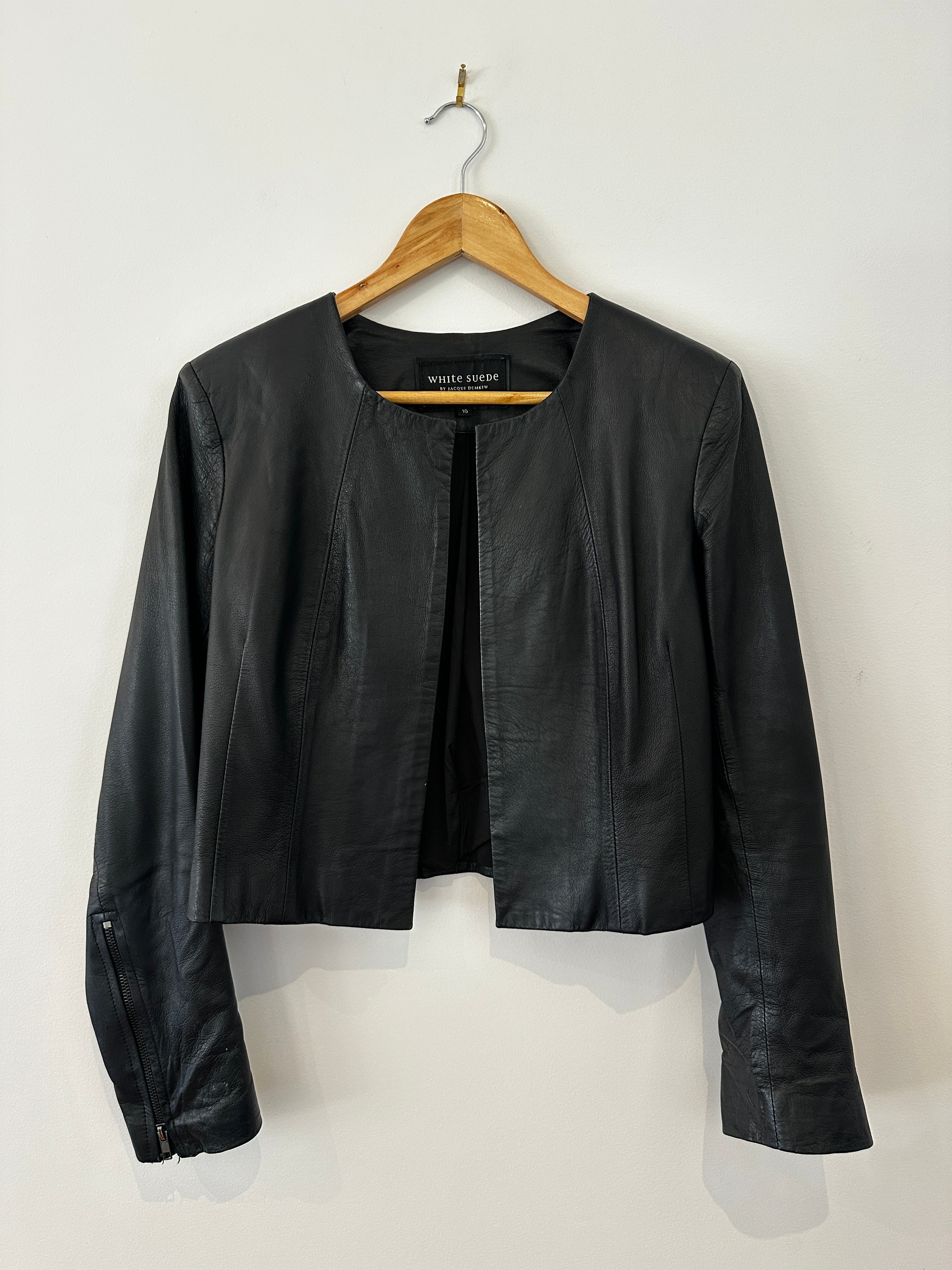 White Suede X Jacqui Demkiw Black Leather Jacket - 10