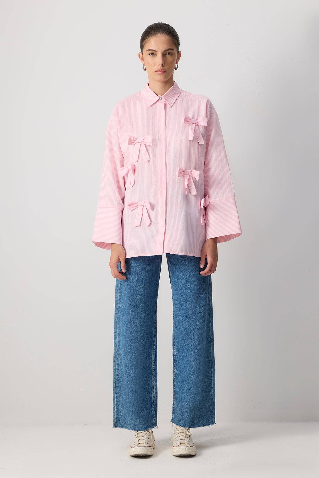 PINK STRIPED COTTON SHIRT WITH BOW APPLIQUES
